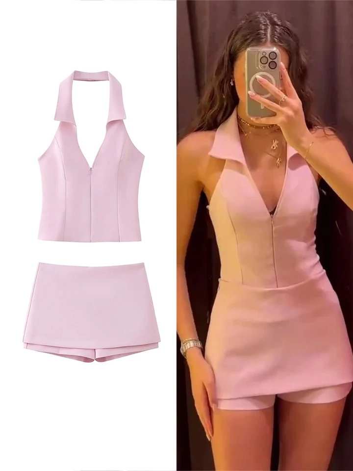 Zaba Dámska módna ružová sukňa Dvojdielne sada s vysokým pásom mini sukne Sexy sladké v krku rukávky bez rukávov bez zadku zips