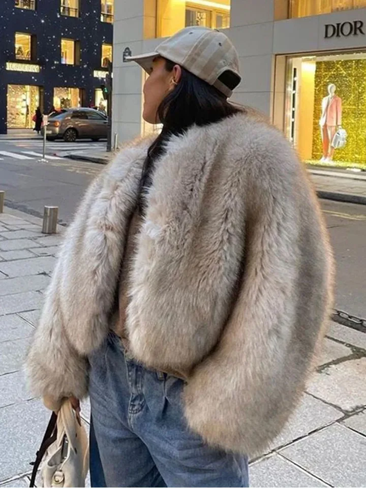 Zadorin High Street Fluffy Cropped Faux Fox Curr Cors Women O-Neck Loose Bunda zimné kabáty pre ženy 2024 Luxusné vonkajšie odevy