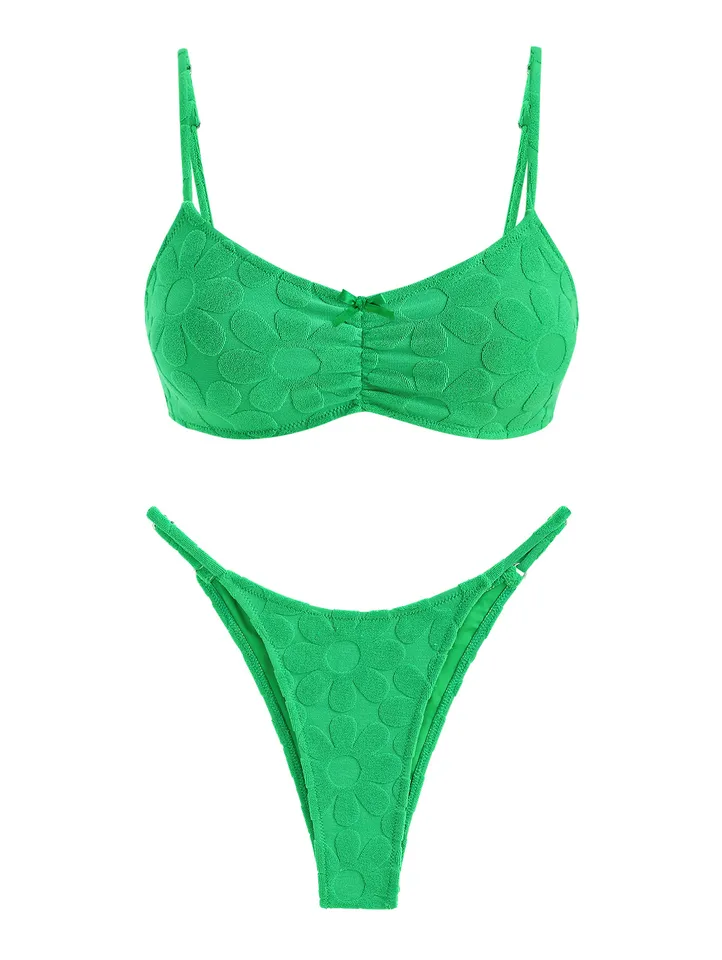 Zaful dámska kvetina Terry Terry Uterák Jacquard textúrovaný luk Ruched tanga dvojdielne plavky bikiny