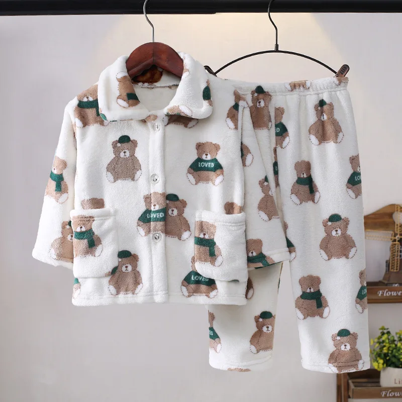 Zahustené teplé deti pyžamy Jeseň Zimná flanelová dievčat domáce oblečenie chlapci s dlhým rukávom Mardigan Sleewear Boys Malé médium