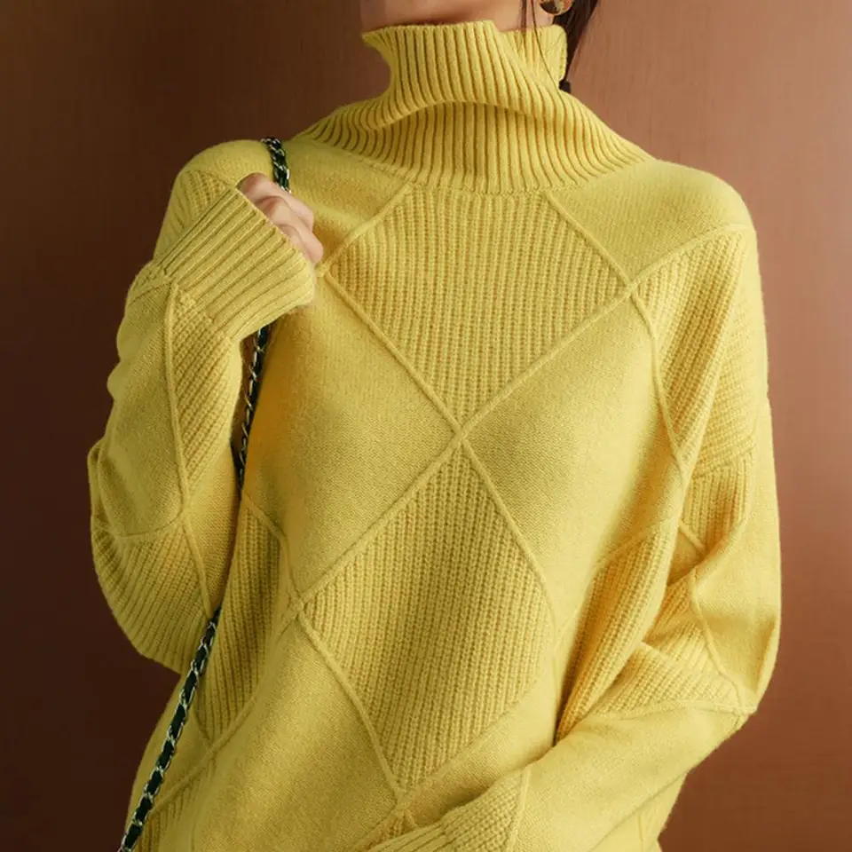 Zahustené ženské sveter vysoký golier zimné háčkovanie masívne farebné pletené pullover hore voľné teplé pletenie