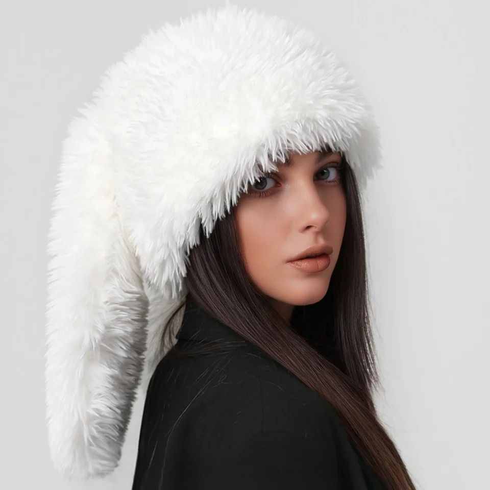Zahustený faux kožušina nadýchaný vedierka udržiavajte teplý zimný klobúk Panama Cap Fancy Rabbit Ear Photography Formálny klobúk pre dámy