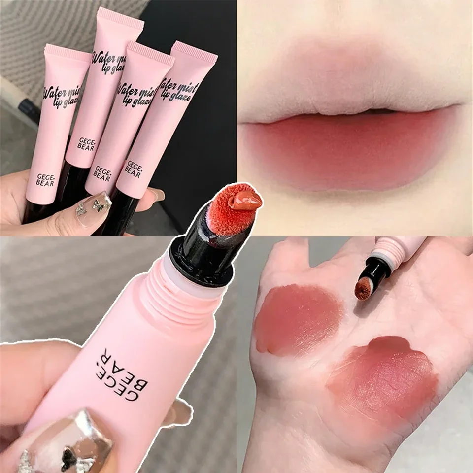 Zamatová matná tekutá rúžová voda otočte hmlu na pery Zvlhčovanie krémovej mäkkej tekutiny červenajúca sa pery make -up s plyšovou hlavou