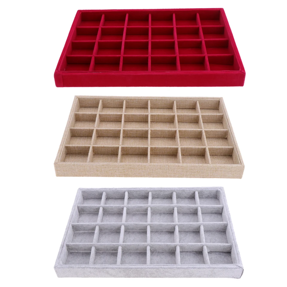 Zamatové stohovateľné 24 mriežkových šperkov Tray Showcase Displej náhrdelníka Organizátor Ring Držiteľ náramku Storage Puzdro
