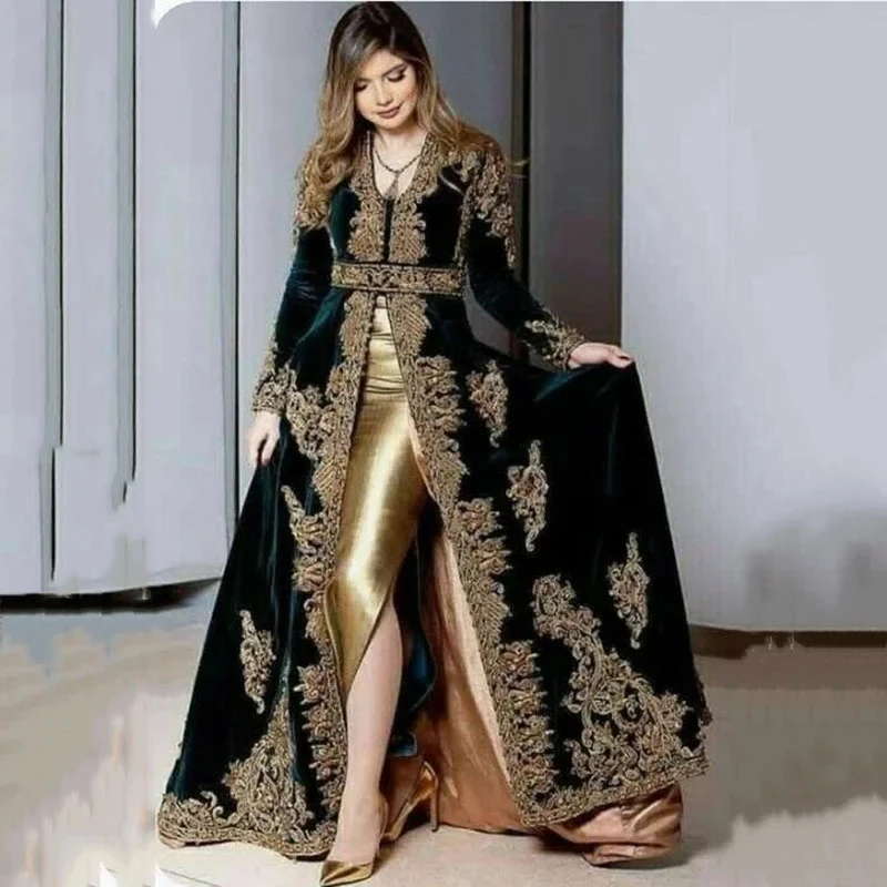 Zamatový marocký kaftan formálne večerné šaty A-line Dlhé rukávy Aplikácie Prom šaty arabské párty šaty prispôsobené