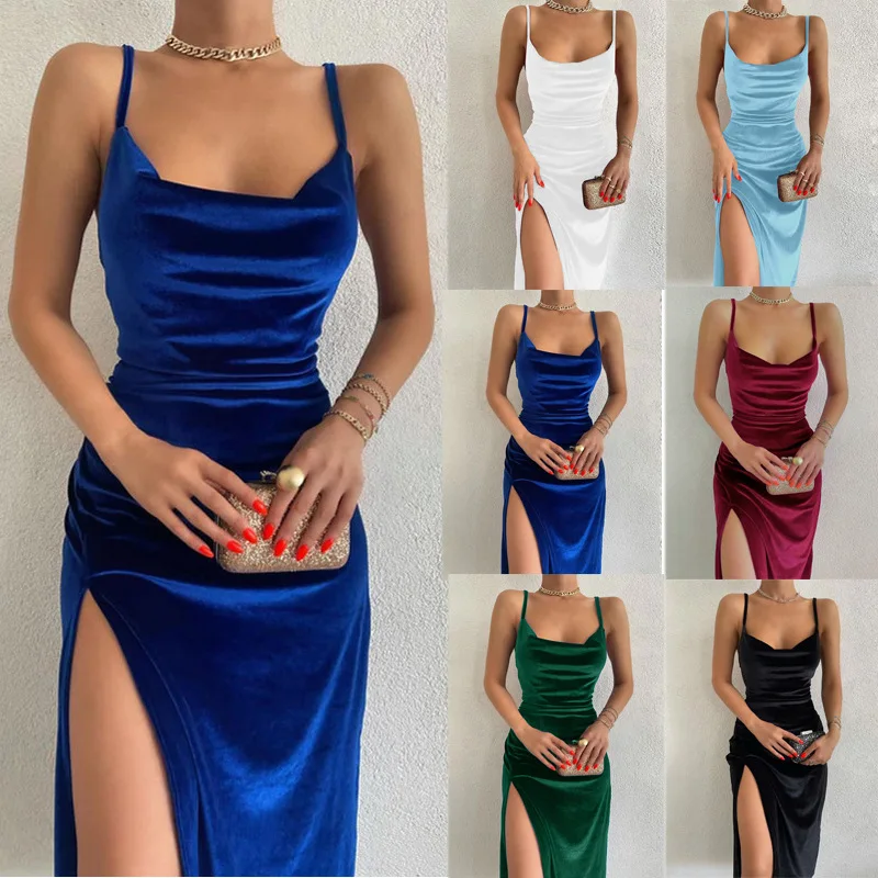 Zamatový swing golier bez rukávov bez rukávov sexy štrbiny maxi šaty 2023 nová módna večierka Ženy Elegantné streetwear y2k