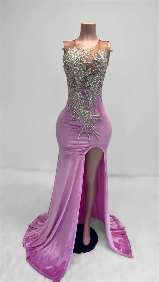 Zametovaný Velvet Open Back And Diamond Prom Party Dress High Split Mermaid Sexy Evening Crystal Shinestone Prom šaty