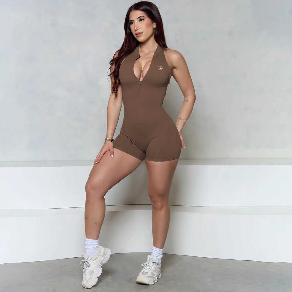 Zamieňajte značku bez rukávov zips scrunch zadok Ženy Športová kombinéza lycra krátka fitness gymels cookout oblečenie