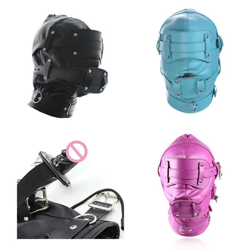 Zamykateľná faux kožená koža Gimp Hood Sensory Deprivation Maska nastaviteľná zaviazaná a roubík Penis Sexy kostýmy Exotické sexuálne hračky pre páry