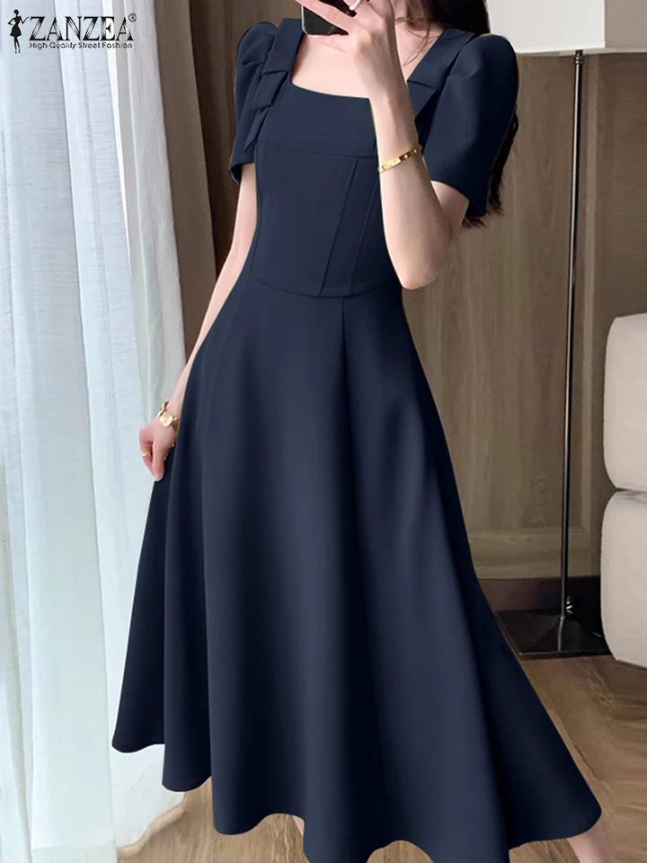 Zanzea 2024 Letný pás Vestidos Ženy Elegantné dlhé šaty módne štvorcový golier bowknot Sundress Sundress Party