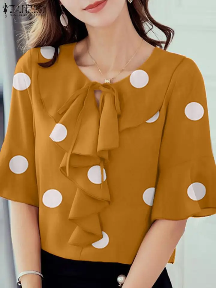 Zanzea 2024 Summer Half Ruckve Polka Dot Tlačová blúzka Dámske módne rufles lem vrcholy elegantné šnurovanie pracovné košele sviatky Blusas