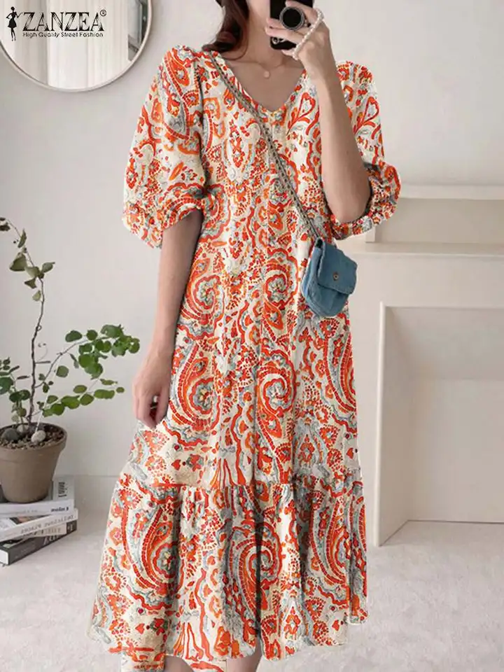 Zanzea 2024 Summer Puff Ruckve Dress Ženy tlačené šaty dlhé nadmerné móda maxi Vestidos retro neformálne pevné vrecká slnečnice