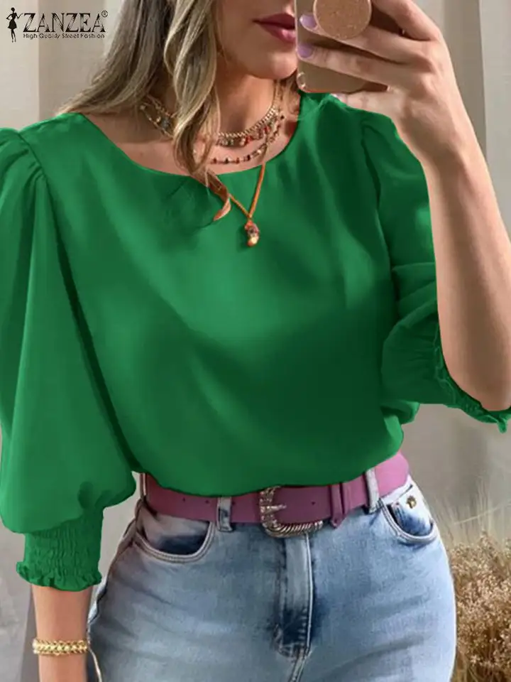Zanzea 2024 Summer Solid Fashion Pleating Blusa Women Dámske puff 3/4 rukávový blúzka Elegantná košeľa okrúhleho trička Príležitostné vrcholy Y2K Streetwear Tops