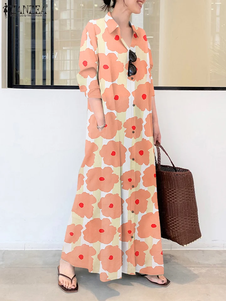 Zanzea 2025 Spring Holiday Vestidos Dámske voľné príležitostné rukávy s dlhým rukávom Turnwow Collar Dress Dress Floral Print pruhované maxi šaty maxi