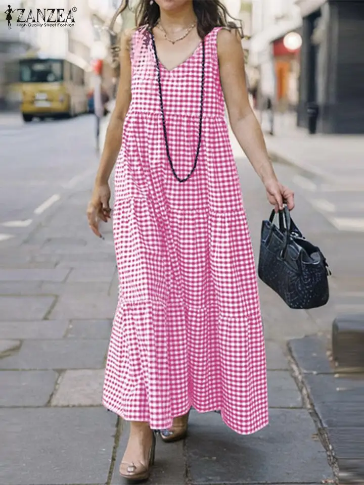 Zanzea bez rukávov dovolenka Gingham Dress odstupňované leto 2024 Príležitostné ženy A-line Vestidos skontrolované streetwear módne šaty maxi šaty