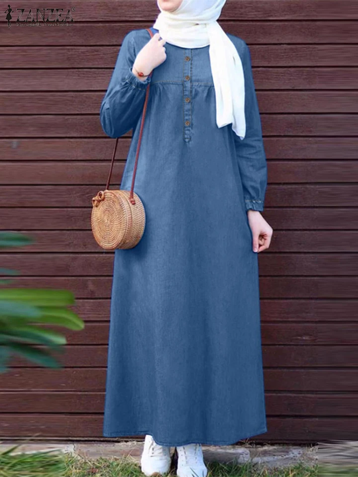 Zanzea denim modrá moslim hidžáb abaya rúcho jeseň 2024 s dlhým rukávom voľné islamské maxi šaty Solidy žien kaftan šaty