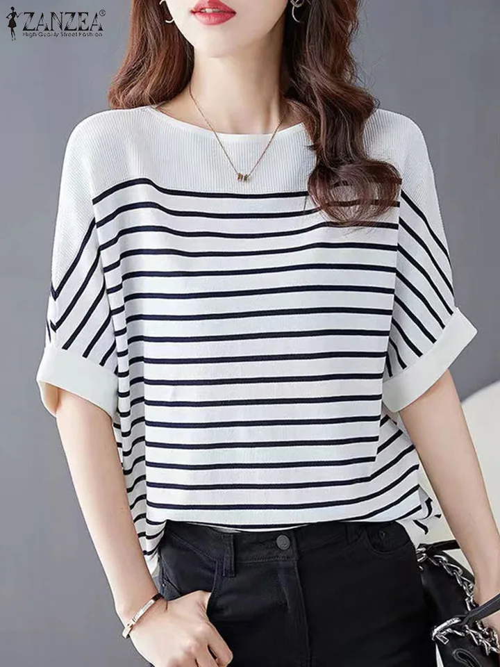 Zanzea elegantná pruhovaná patchwork blúzka Ženy Half Ruckve Office Wear 2024 letné tričko móda voľné príležitostné tuniky O-neck