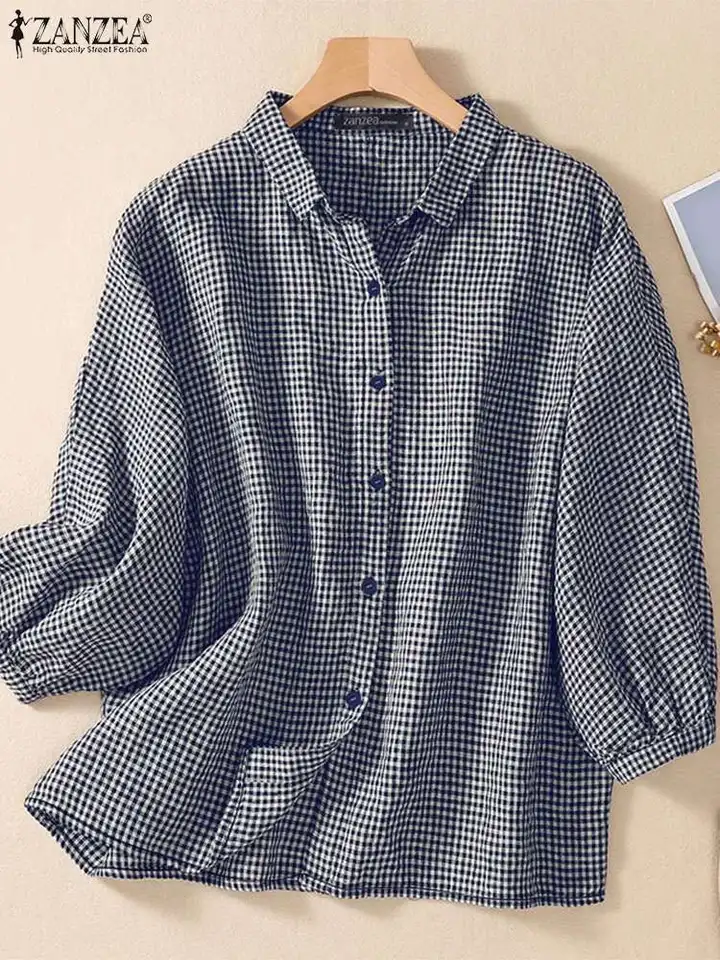 Zanzea elegantné 3/4 lampa rukávy Pracovné košele Jeseň Ženy Blaouses Príležitostné gombíky Down Tops Vintage Checked Blusas femme