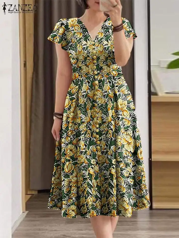 Zanzea elegantné ženy kvetinové tlač midi šaty leto 2025 Príležitostné voláre krátke rukávy v krk Vestidos módne módne pásové šaty