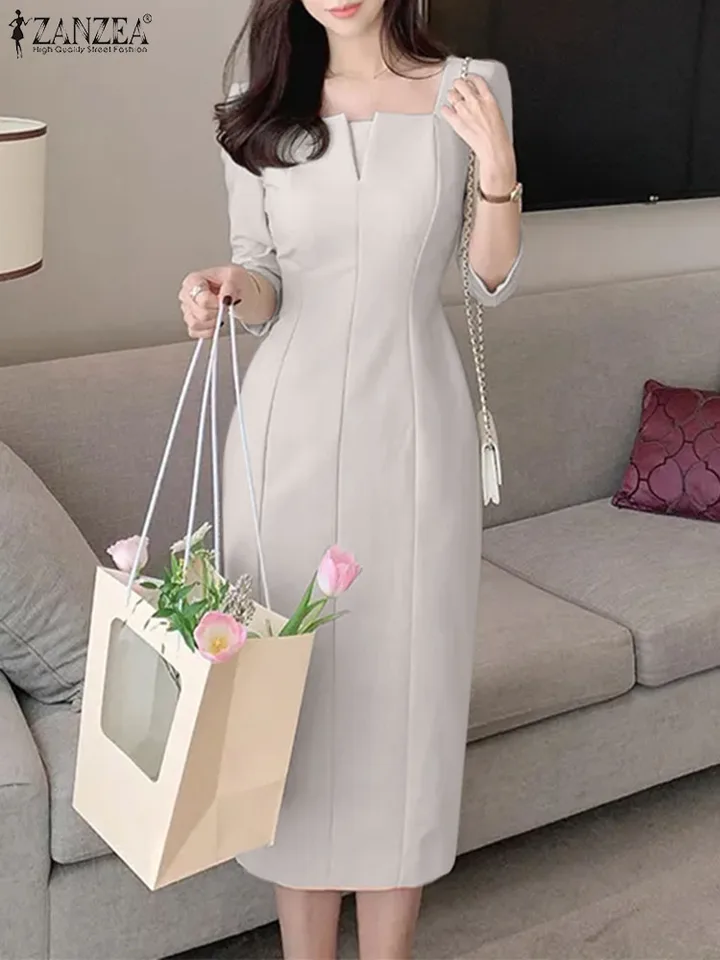 Zanzea elegantné ženy štíhle kolenné šaty módne štvorcový krk 3/4 rukávy švajované večierky Vestidos neformálne dochádzanie