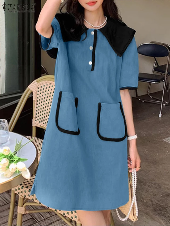 Zanzea farebne blokovaný kórejský štýl midi šaty elegantné peter-panan goliere elegantné dámske dane krátke rukávy 2025 letné A-line Vestidos