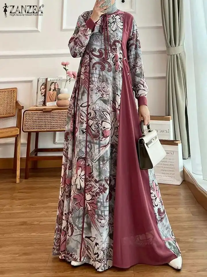 Zanzea Floral Print Moslim Abaya Vestidos štýlové ženy Elegantné dlhé rukávy dlhé rúcho Patchwork zviazaný krk Islamské maxi šaty