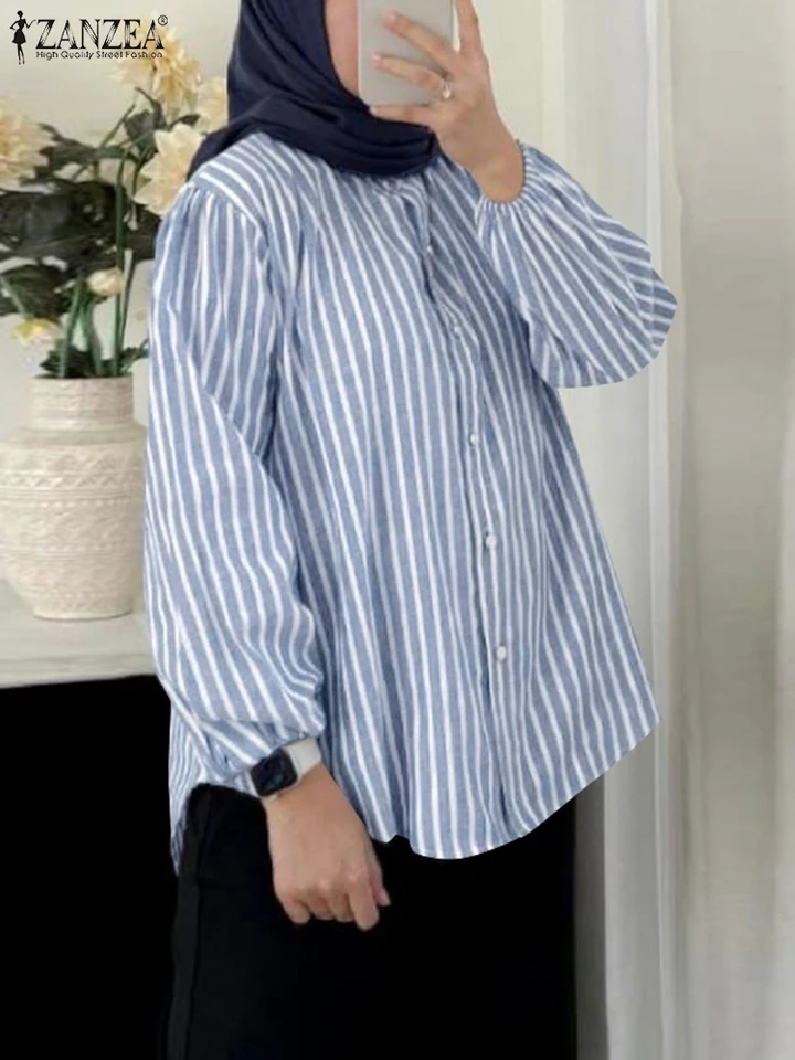Zanzea islamské voľné voľné camisas s dlhým rukávom o krk moslim hidžáb Ženy blúzky vrcholy