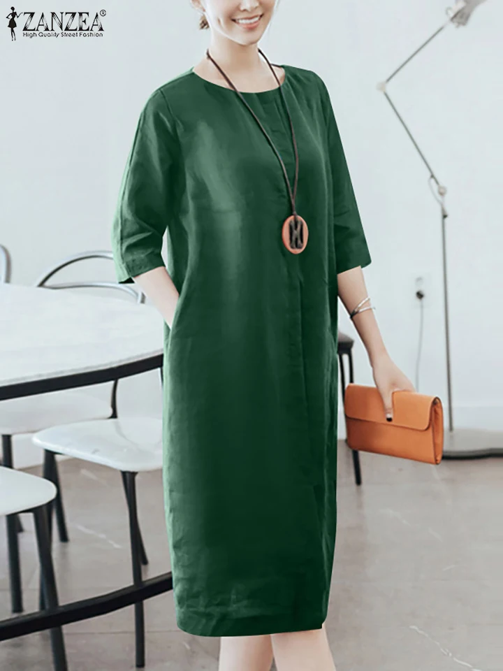 Zanzea jarné elegantné šaty Ženy O-Neck 3/4 rukávy midi šaty Príležitostné pevné koleno dĺžky pracovné večierky