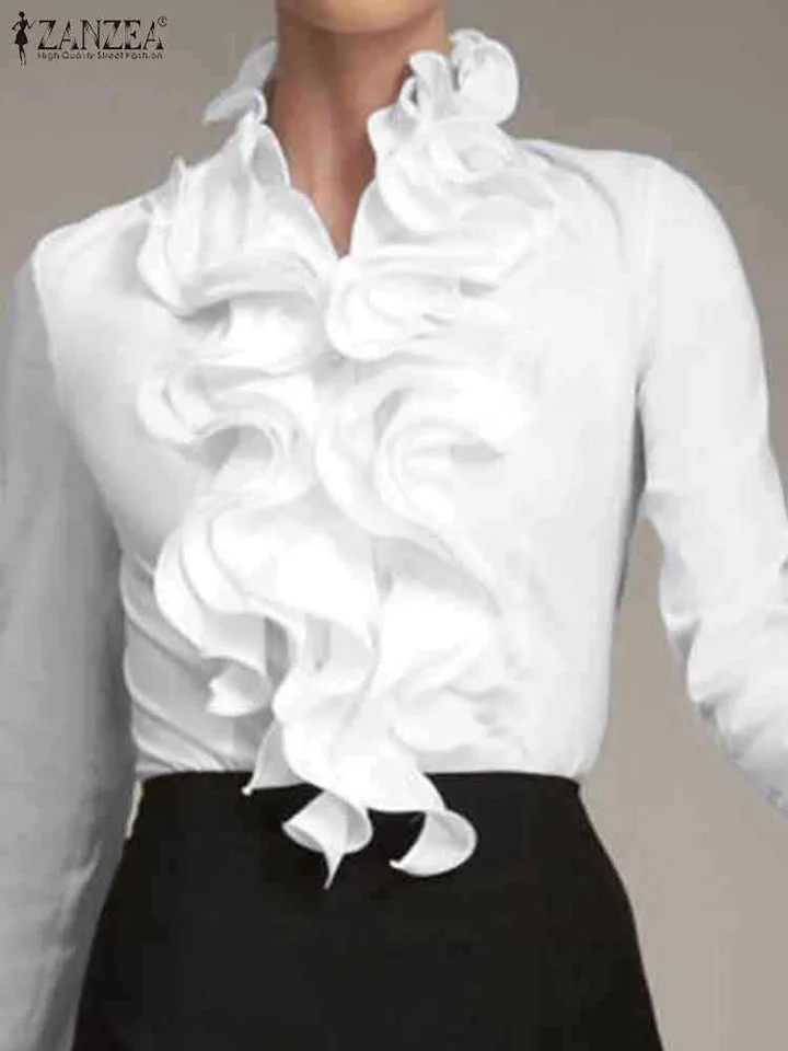Zanzea jesenná elegantná blúzka s dlhým rukávom Dámske módne rufova košele Príležitostné tuniky Tops Holiday Chamise Party Blusas Mujer 2024