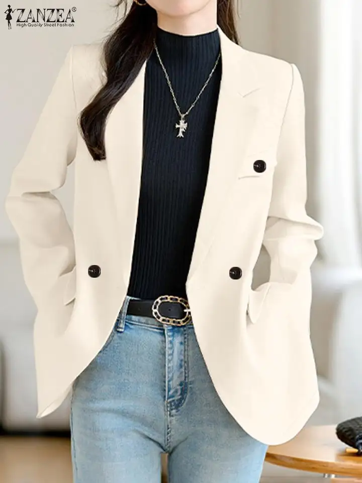 Zanzea jesenné ženy Blazer elegantná kancelárska dáma zvrhne módu s dlhým rukávom pevné obleky Príležitostné gombíky Coats klopne krčné bundy