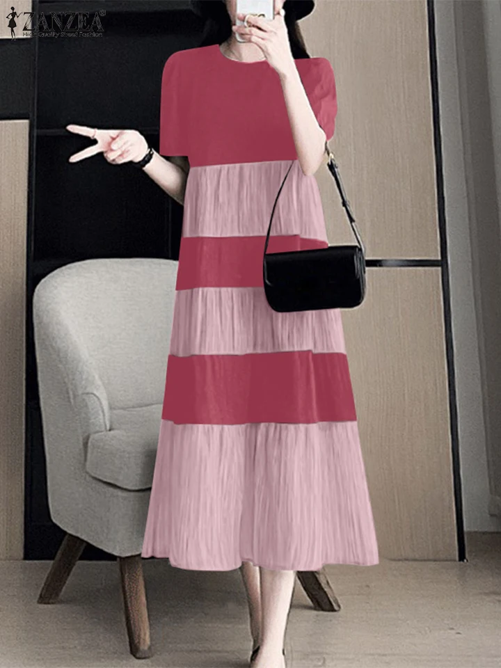 Zanzea krátky obrusový rukáv odstupňovaný A-line Vestidos elegantný kórejský farebný blok o krku midi šaty Ženy Zkrútené šaty