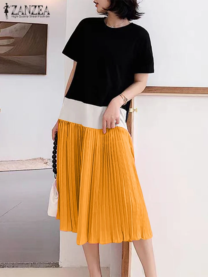 Zanzea Kórejská patchwork skladané hojdacie šaty Ženy okrúhle krk Krátke rukávy šaty módne pláž základné vestidos dovolenka midi rúcho