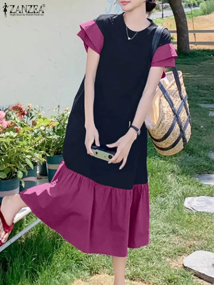 Zanzea Kórejský módny farebný blok Robe femme Patchwork Príležitostné ženy s krátkym rukávom Party Desial 2024 Summer Vestidos