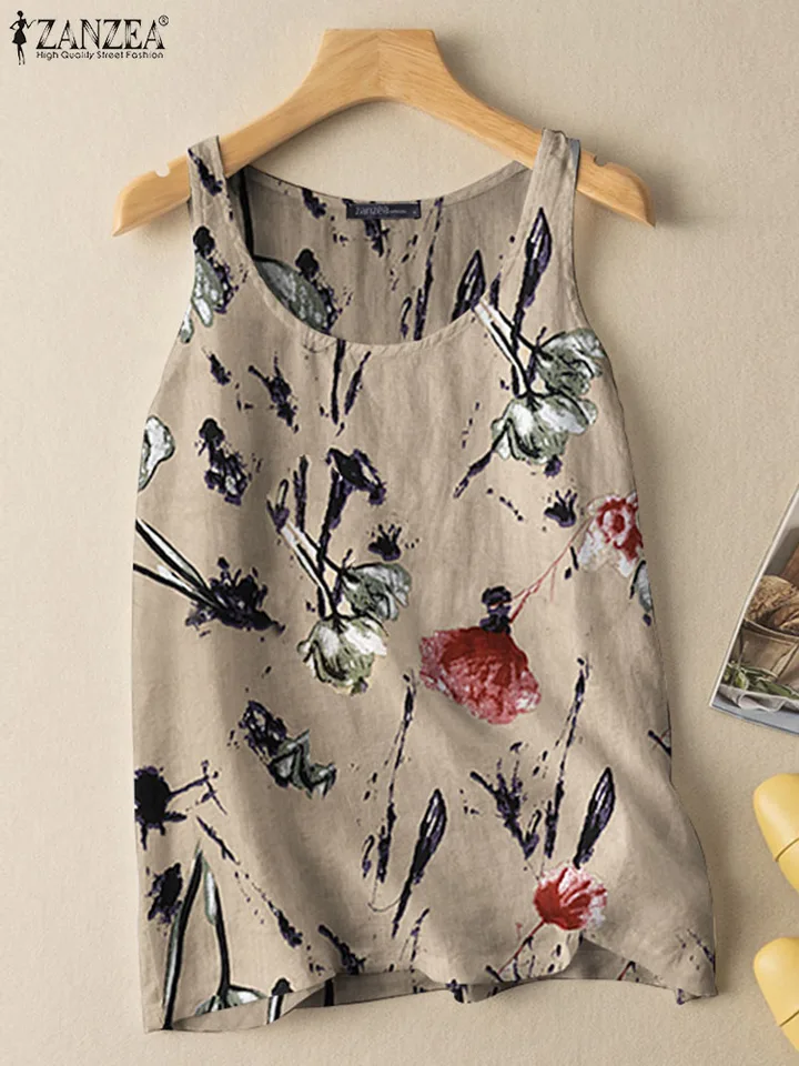 Zanzea letná kvetinová tlačová blúzka Ženy České tanky Topy Vintage Beach Tirl 2023 Príležitostné voľné prázdniny Blusas Chamise Camis