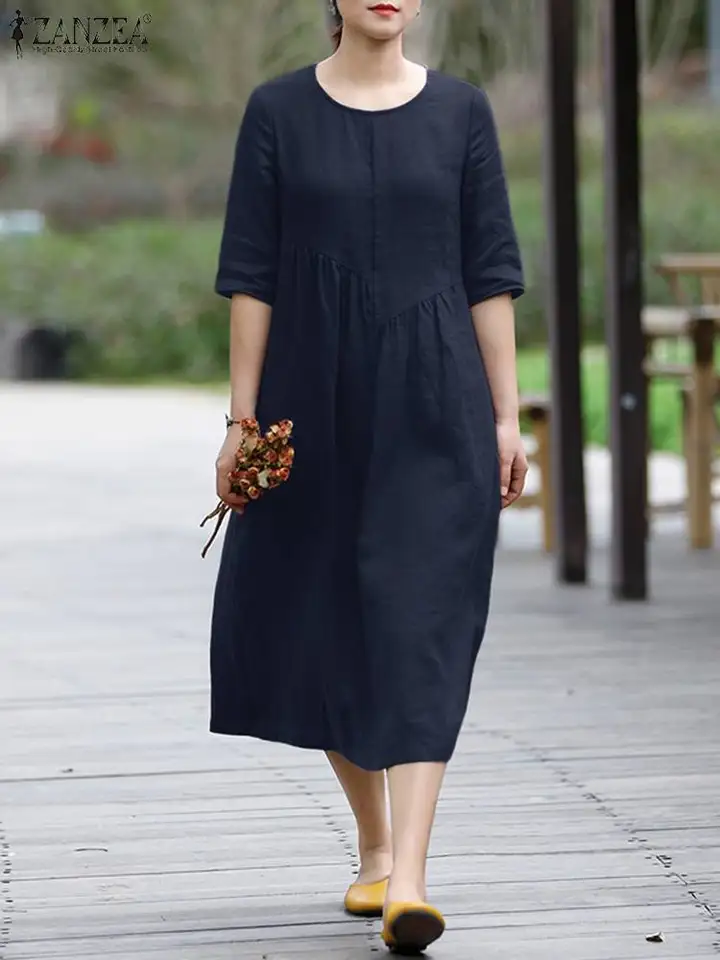 Zanzea letné dovolenky Príčinné šaty Ženy Half Ruckve Solidy Loose Work Work Prestize Party Sundress rúž femme kaftan