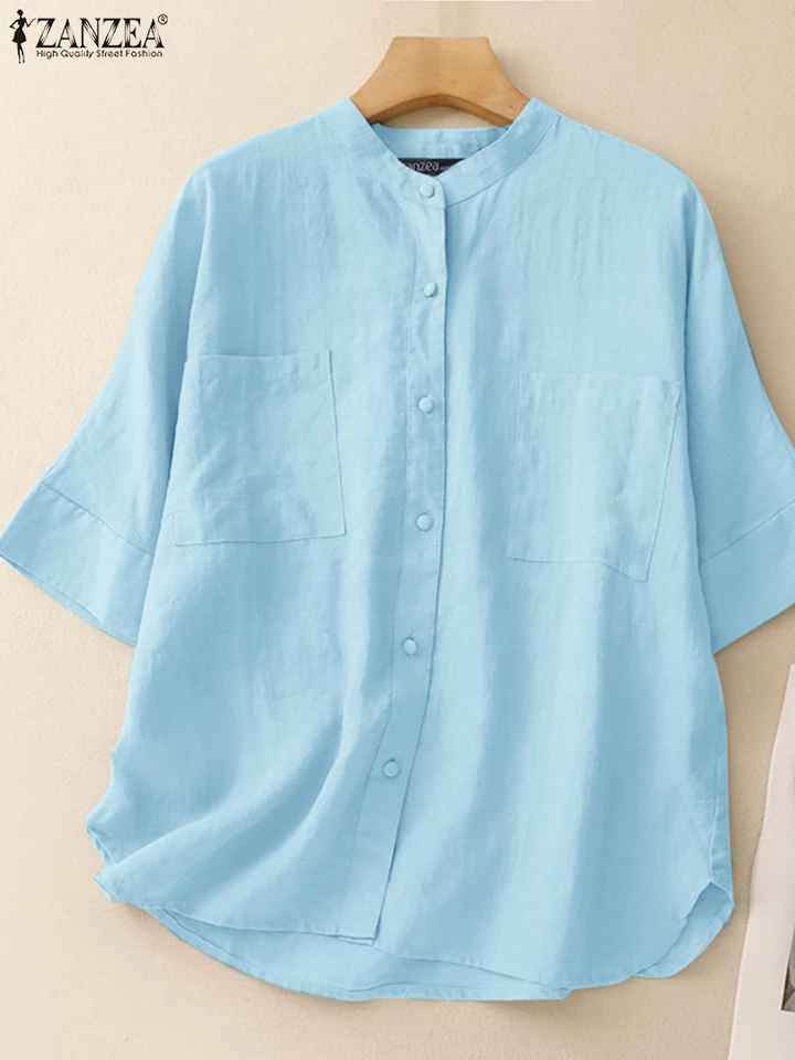 Zanzea letný krátky rukáv Solid blúzka Kancelária Kancelária Dámske topánky Tops Retro gombíky Blusas Príležitostné voľné bavlnené chamise 2025