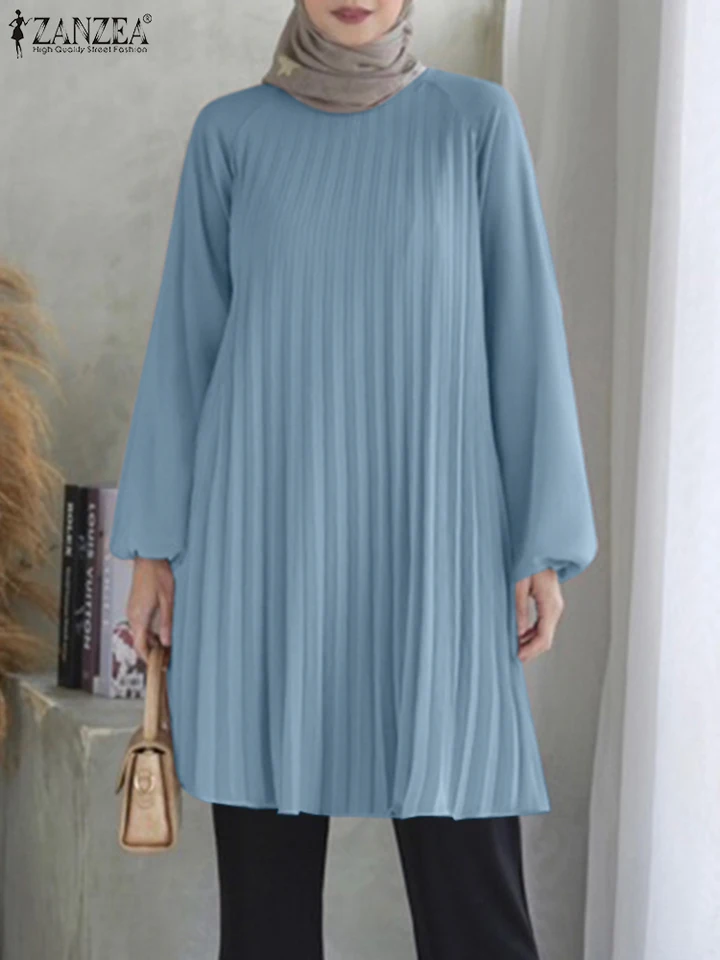 Zanzea moslim moriaka Abaya kaftan 2024 Jesenné skladané blúzky módne ženy s dlhým rukávom Solidy topy iziamické oblečenie Blusas femme