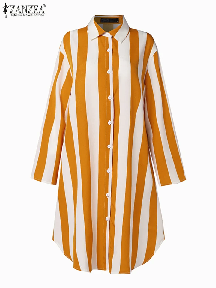 Zanzea Muslim Abaya Ženy štýlové pruhované dlhé košele módne klopne krk dlhý rukáv blúzka blúzka ženské tuniky Tops Loose Blusas majer