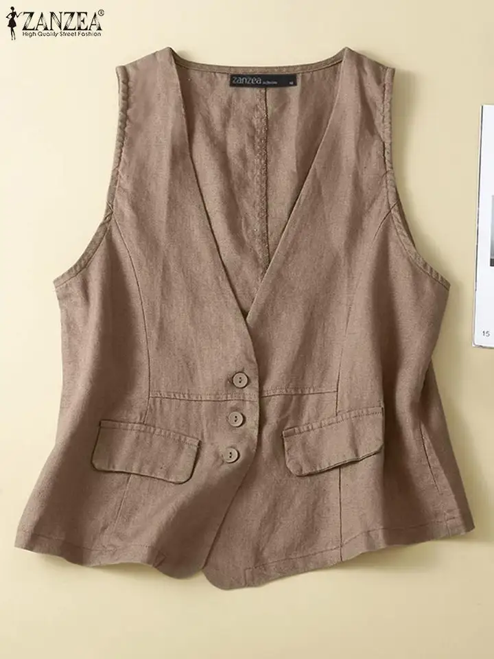 Zanzea Summer Vintage Solid Vesty bez rukávov bez rukávov V-krk Tops Elegantné pracovné košele módne módne streetwear chemise vrecká Blusas