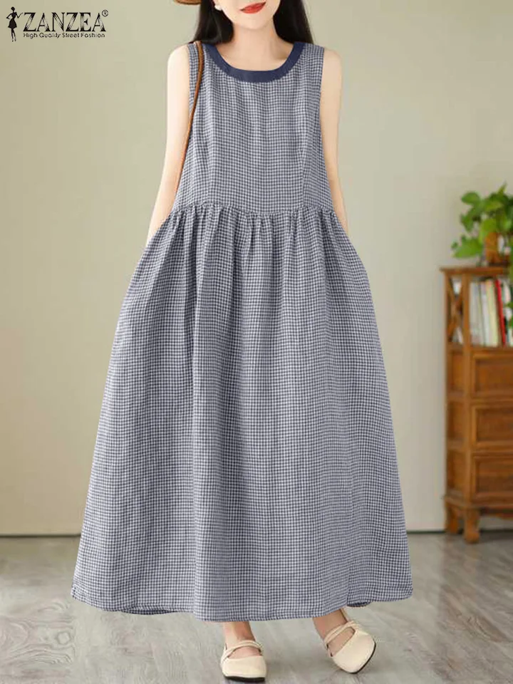 Zanzea vintage bez rukávov Gingham dlhé šaty Ženy Elegantný farebný blok