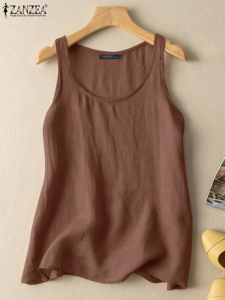 Zanzea voľný čas bez rukávov Tops Tops Cotton Casy Loose Loose Dámske odpaliská dovolenka každodenná kazová pevná farba blúzka tričká