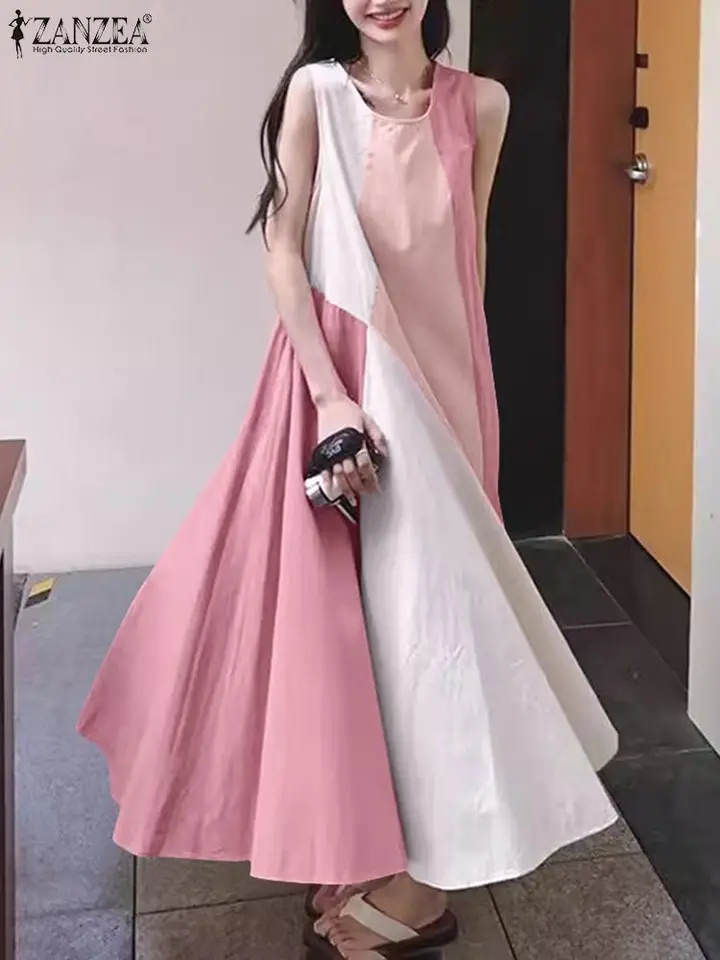 Zanzea Women ColorBlock dlhé šaty 2024 letný bez rukávov bez rukávov Sundress Casy Loose Swing Robe Kórejský móda O-krk Vestidos