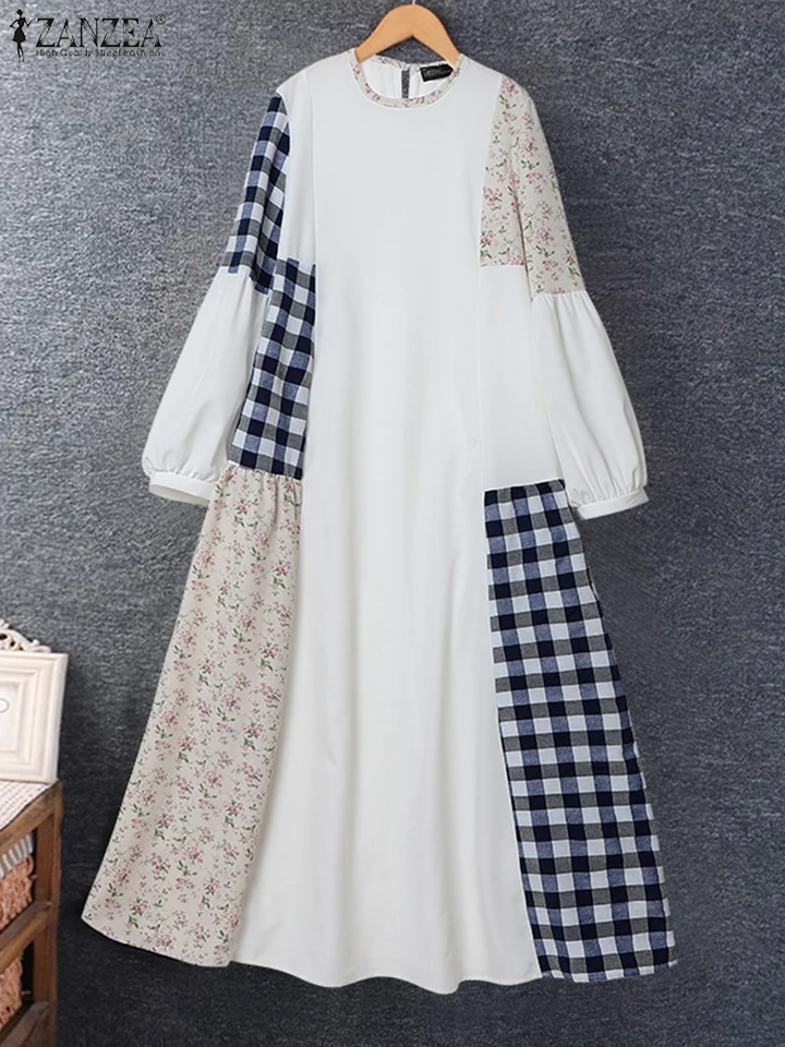 Zanzea Women Midi šaty 2024 s dlhým rukávom O-krk Vestidos americký štýl ColorBlock Sundress Sladko kvetinové tlačiareň A-line rúcho