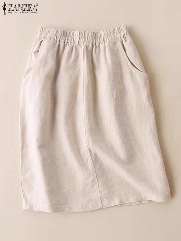 Zanzea ženy bavlnené sukne 2024 letná dovolenka rovná midi sukňa elastické vrecká na pás faldas vintage Solid Jupe Casual sukne