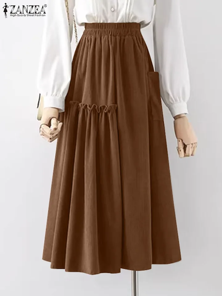Zanzea ženy Corduroy dlhá sukňa Elegantné skladané elastické pások Jupe Autumn Vintage Ruffle Faldas Príležitostné voľné dáždniky sukne
