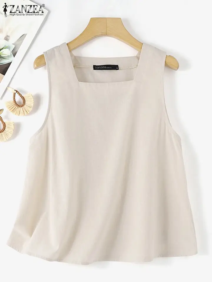 Zanzea Ženy letná blúzka bez rukávov vinobranie príležitostné pevné prázdninové pláž Blusas ženské večierky košeľa štvorcové krk bavlnené nádrže vrcholy