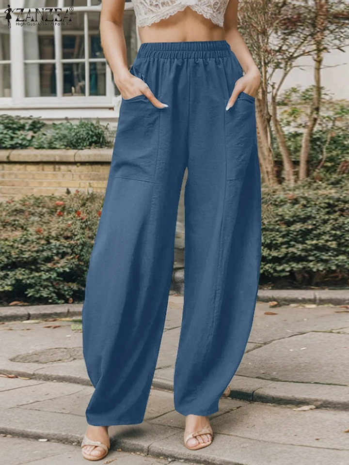 Zanzea ženy módne harémové nohavice jesenné elastické pásové pevné dlhé nohavice Vintage bavlnená repa relip Pantalon Casual Loose Palazzo