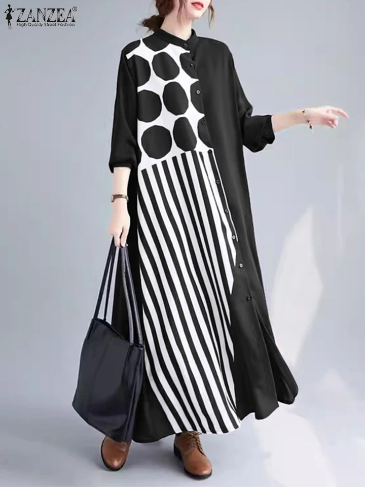 Zanzea Ženy Polka Dots Dress Fashion Kórejský stánok Collar Firldress Holiday Patchwork maxi rýb