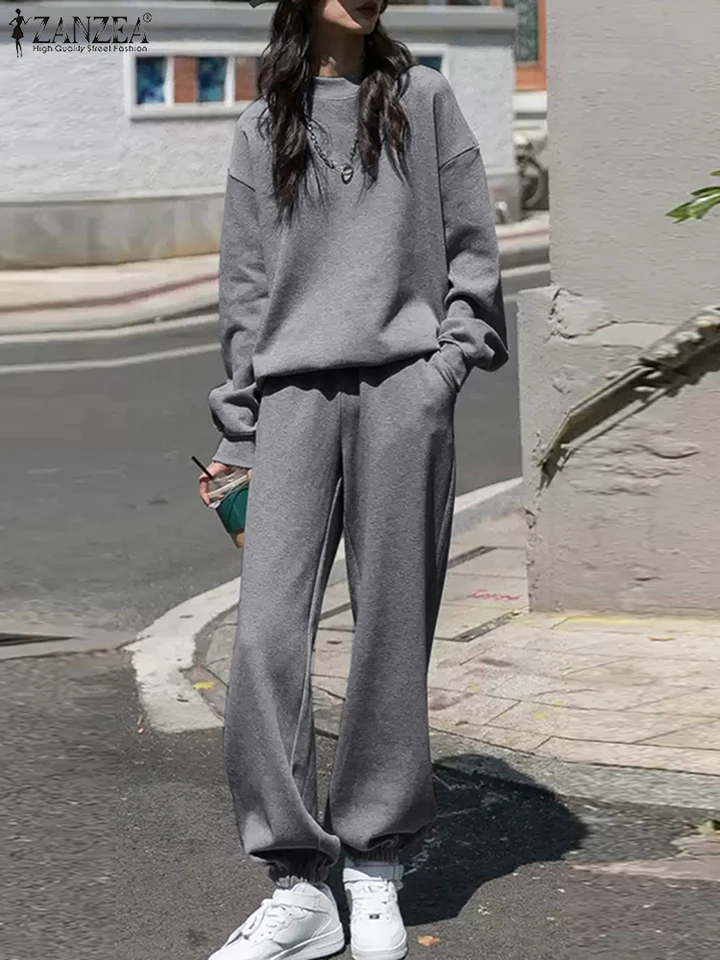 Zanzea Ženy s dlhým rukávom Mikina 2ks súpravy voľných príležitostných streetwear Solid Autumn Pant Sety Elastic Pase Sterpant Tracksuits
