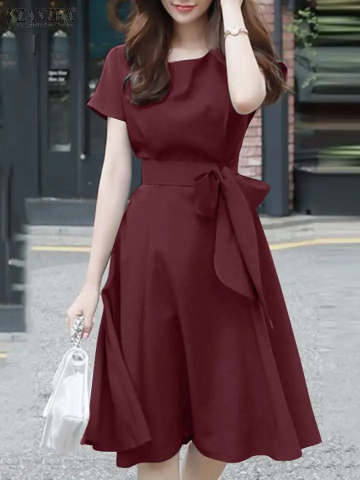 Zanzea Ženy Slid Slim Mini Dress O-Neck krátke rukávy Kôle dĺžky Sundress Elegantné príležitostné voľné vintage večierok Práca A-line plášť